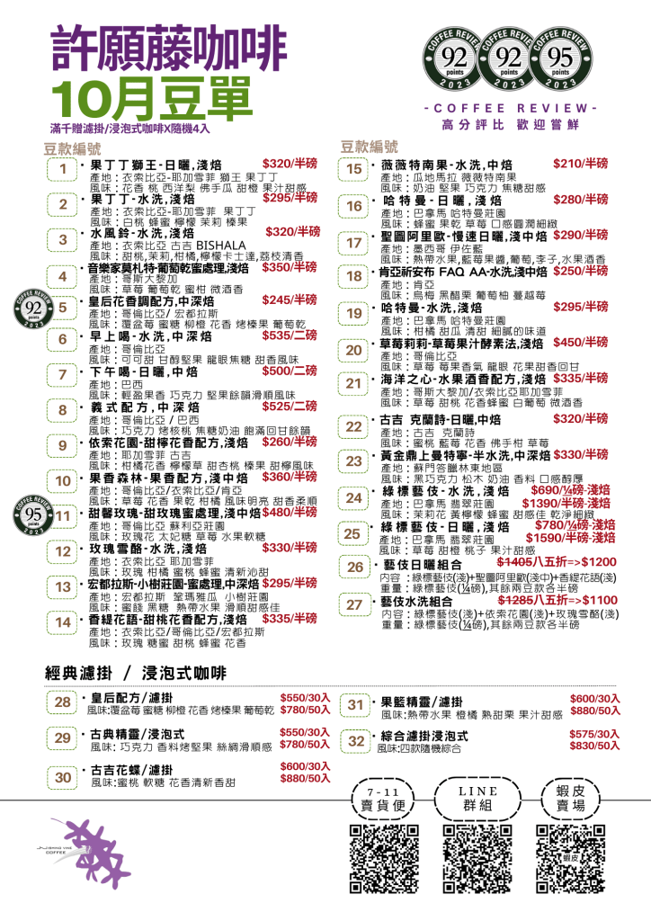 許願藤咖啡-10月咖啡豆單
豆款及組合搭配
因訂單陸續烘焙出貨的關係
庫存變動較快,
若有豆款售罄/調整,
會使用許願藤LINE群組統一即時通知唷!